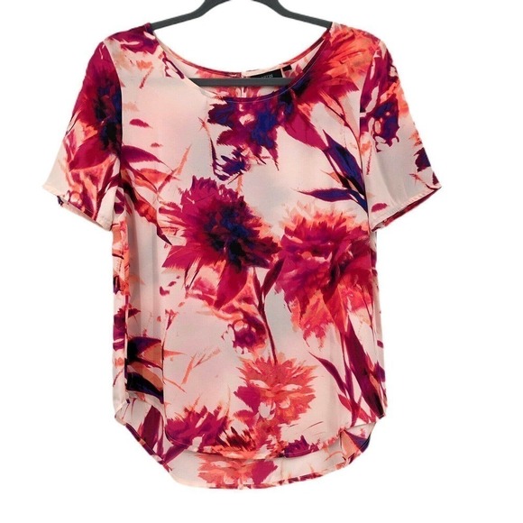 Apt 9 Top Pink Floral Print Women Size M Short Sleeve Chiffon Blouse Scallop Hem - Picture 1 of 11